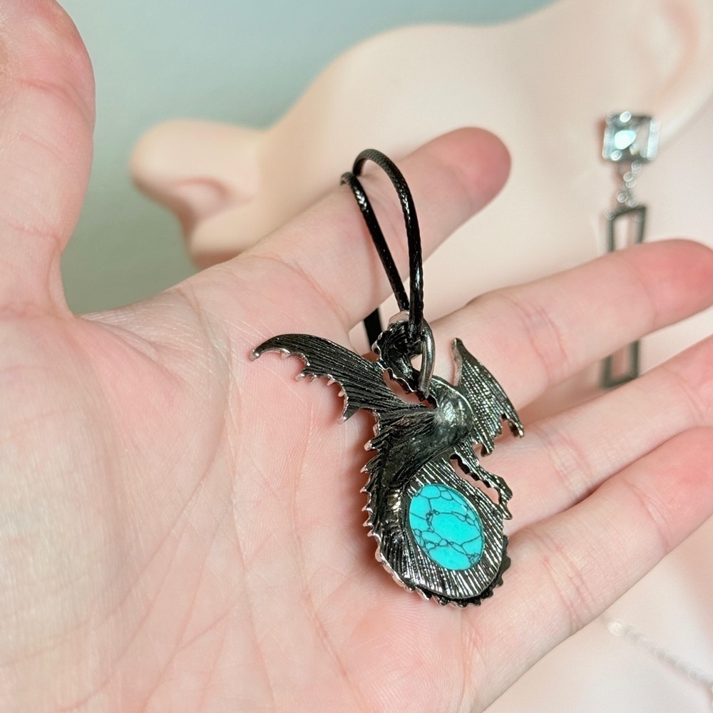 Silver Dragon Pendant Necklace with Turquoise Stone - Picture 3 of 5